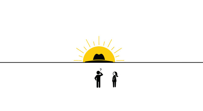 Couple questioning sunrise, minimalist illustration, sun rising over horizon with hat