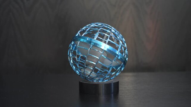 High-quality sound recording in uncompressed WAV format of a children's flying ball toy on a table, with a small propeller spinning and making a light electric toy sound for editing and audio library