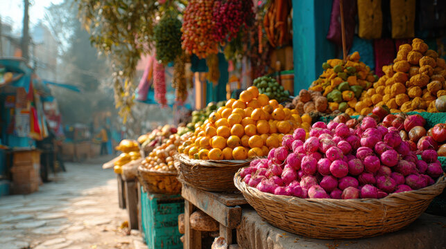 Colorful terracotta baskets filled with mineral rich fruits create aesthetic market scene with vibrant natural produce