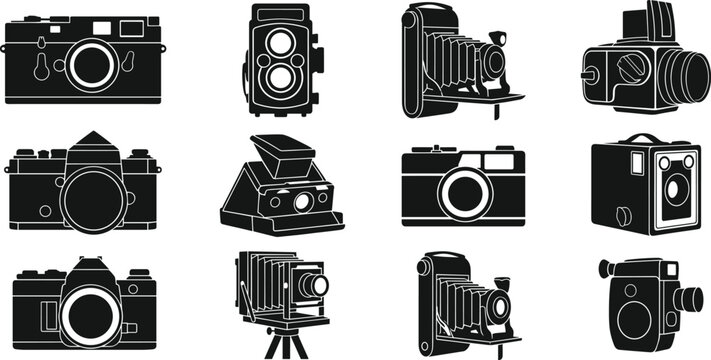 Vintage Camera Silhouettes and Retro Photography Icons Set Vector Illustrations for Antique Bellows Twin Lens Reflex Rangefinder Film and Medium Format Cameras