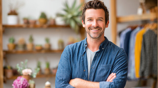 Smiling man with terracotta pots and mineral plants creates aesthetic and warm atmosphere in cozy indoor space