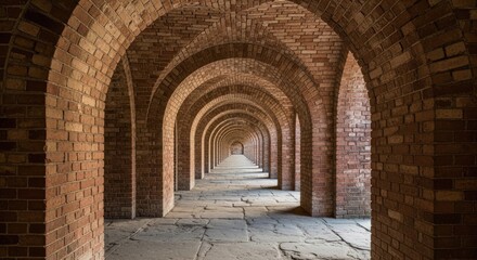 Obraz premium A long brick corridor stretches into the distance, formed by a series of arched brick walls. The corridor is paved with stone slabs.