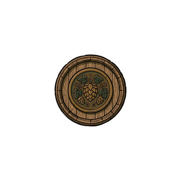 Top View Of A Wooden Barrel Cap Featuring A Central Medallion With Golden Hop Cone Leaves And Decorative Brewery Emblem, Ideal For Craft Beer Branding Vector Illustration