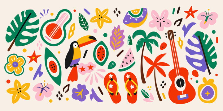 Tropical Fruits Flowers And Instruments Vector Illustration With Colorful Accents