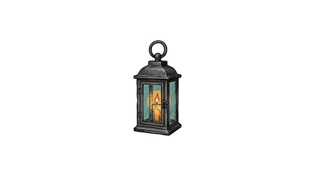 Rustic Black Metal Lantern With Glowing Candle Flame, Glass Panels And Decorative Ring Top Handle Vector Illustration