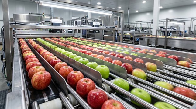 Apple sorting line under inspection lights in precision grading facility
