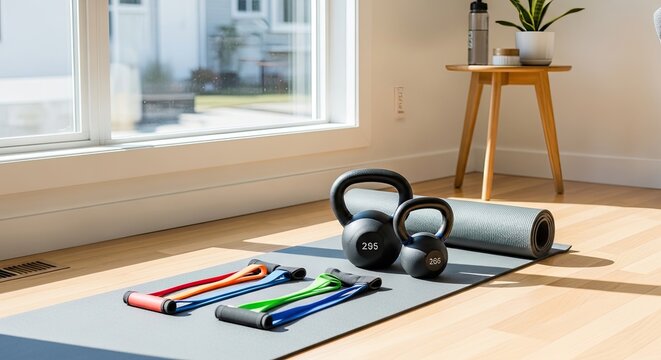 A person is setting up a home workout space. They have placed two kettlebells and a resistance band set on a gray exercise mat.