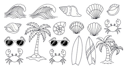 Summer beach icons set with palm trees shells waves and crabs © sastro