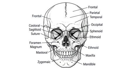 Human skull anatomy diagram with front view bone labels © sastro