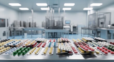 Obraz premium A pharmaceutical manufacturing facility displays rows of colorful pills on a stainless steel table. The pills are arranged by color, including red, blue, green, yellow, and white.