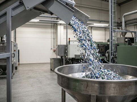 Recycled plastic flake stream pouring into industrial hopper for reprocessing