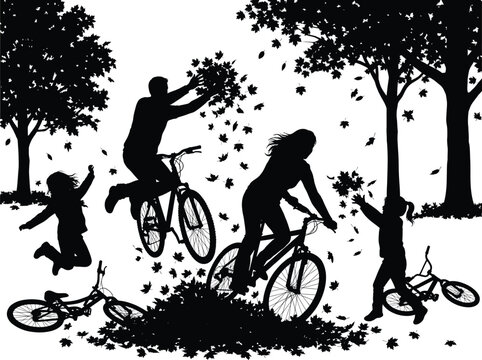 Vector illustration of family riding bicycles and playing with autumn leaves