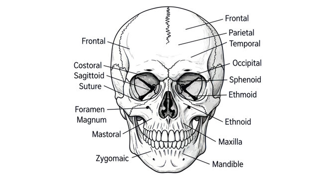 Human skull anatomy diagram with front view bone labels