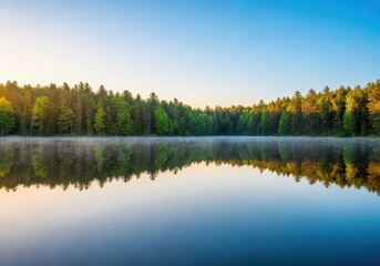 Obraz premium Peaceful morning view of a pristine, still lake reflecting the sky and surrounding dense forest perfectly. The water is glassy, quiet, mirror, tranquil
