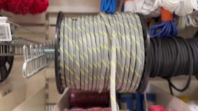 Close-up video of steel wire rope wound on blue spool in hardware store. The rope is pulled and the spool rotates.