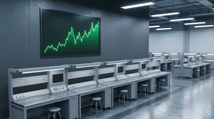 Fototapeta premium Energy price curve above silent assembly stations for industrial cost pressure