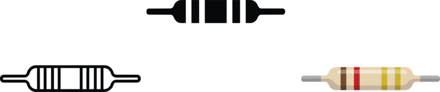 Electronic resistor component icons in flat, linear, and solid glyph formats for circuit board assembly and hardware engineering schematics and parts