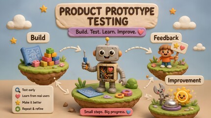 Fototapeta premium Cute 3D claymation infographic about product prototype testing, featuring a cute, smiling unfinished prototype robot character holding a tiny screwdriver in the center, re... in soft pastel co...