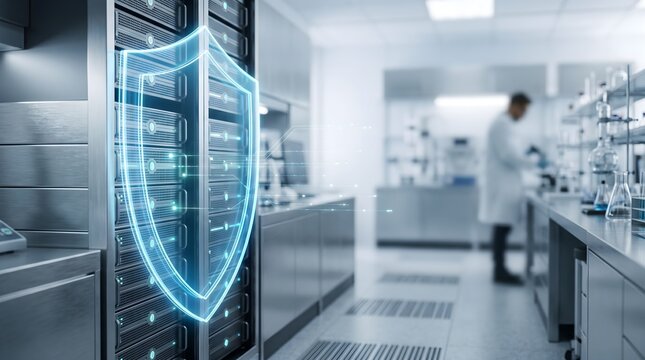 Hospital laboratory server rack protected by glowing digital security shield