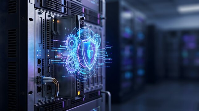 Glowing blue cybersecurity shield with a padlock and gears floating over a high-tech server rack in a secure data center.