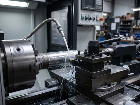 Precision lathe turning metal shaft with coolant spray in machining workshop