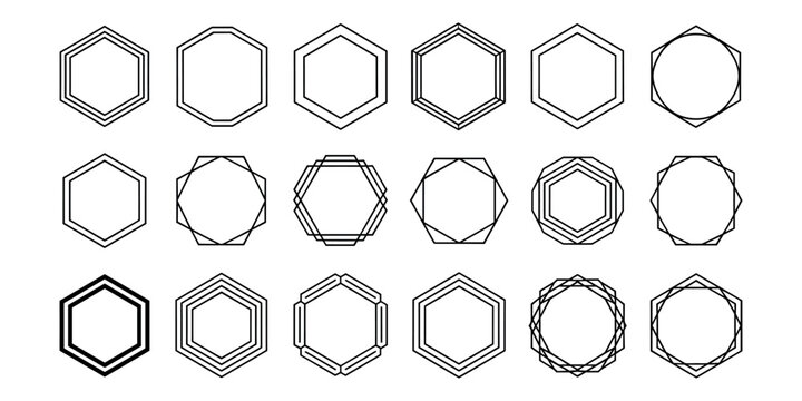 Black and white line hexagons and octagons line geometric shapes outline  in white background
