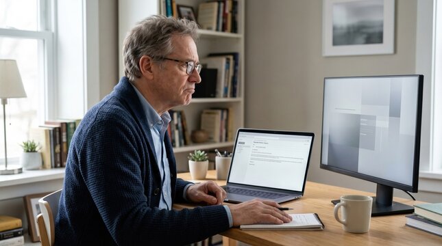 Older worker verifying remote job offer on second screen at home desk