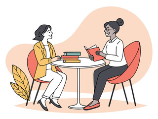 Fototapeta premium Two Women Sharing Ideas at a Round Table with Open Book and Stacked Novels, Friendly Reading Club Minimal Line Art Illustration Scene Modern Artwork