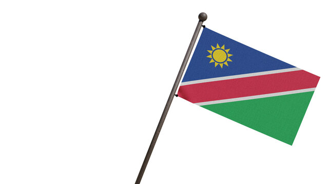 A realistic 3D render of the Namibia national flag waving on a wooden flagpole, isolated against a transparent background with copy space.