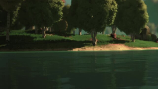 The scene shows water that is still and reflects the green trees around it. A small island is visible with grass and trees. Sunlight adds warmth to the setting.