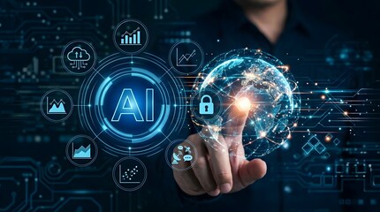 Fototapeta premium Artificial intelligence interface with human hand touching AI hologram