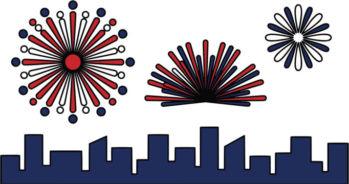 Patriotic red, white, and blue fireworks exploding over a city skyline silhouette. Flat vector illustration isolated on white. Perfect for 4th of July, Independence Day, and New Year celebrations