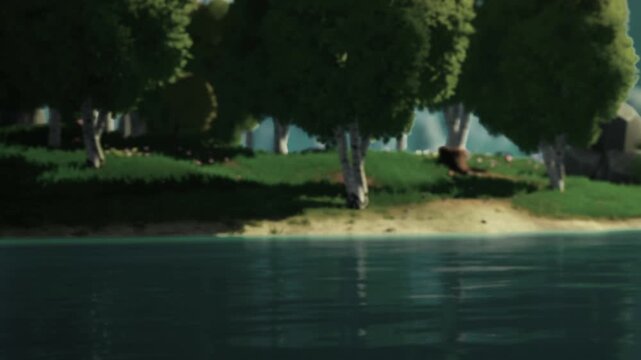 Trees stand along the edge of a lake. The water reflects the greenery nearby. The scene shows bright daylight and a serene nature setting without any people present.