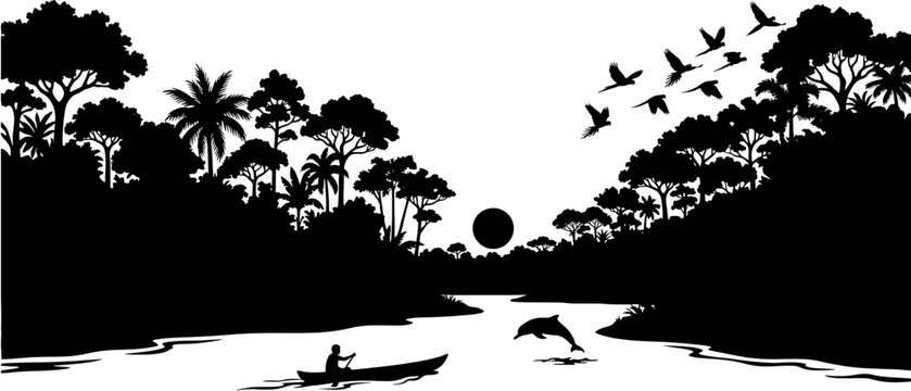 Tropical jungle landscape with a person paddling a canoe on a river, leaping dolphin, and a flock of flying parrots at sunset.