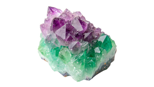 Natural raw purple and green fluorite amethyst crystal cluster mineral isolated on transparent background cut out