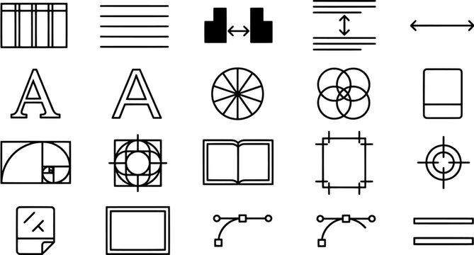 Graphic design and typography icon set for creative software interface. Essential digital art tools, layout adjustments and vector drawing elements
