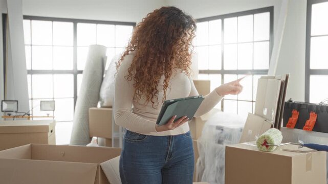 Woman holding tablet and checking cardboard boxes in a building as she plans a move among packed supplies and tools; planning calm organization.