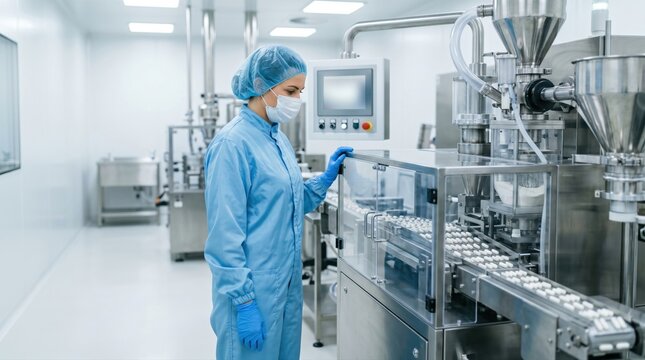 Pharmacy technician monitoring capsule filling equipment in sterile pharma
