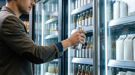 Fototapeta premium Young professional choosing functional drink in convenience store fridge