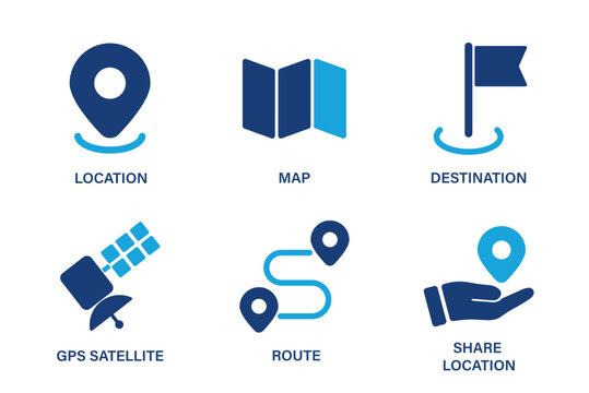 Location theme icons such as map, pin, destination, route, share location, gps satellite. Solid vector icon set.