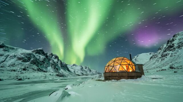 Luxury Glass Dome Under Starry Milky Way in Snowy Arctic Landscape