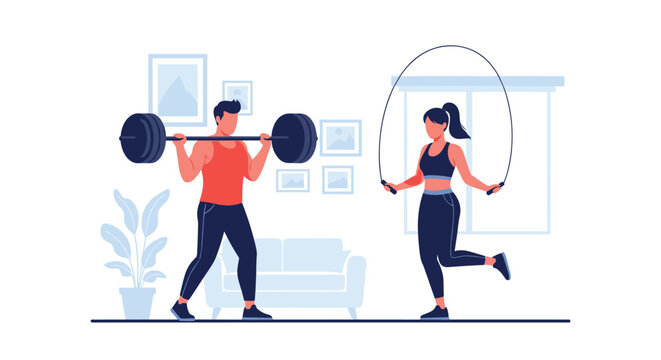 Man and woman work out at home with the man lifting a heavy barbell and the woman jumping rope in a cozy living room setting.