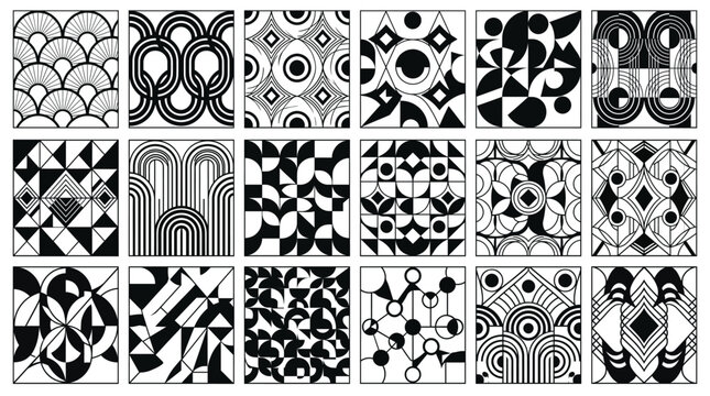 Set of 18 seamless geometric patterns in art deco style, black and white vector illustrations