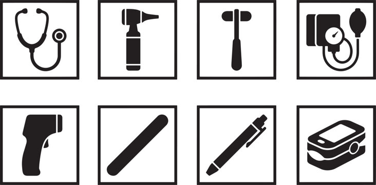 Clinical medical icons including stethoscope and pulse oximeter for healthcare checkup