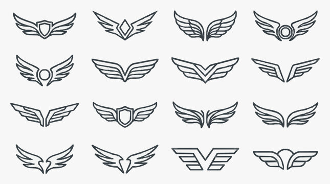 Elegant Collection of Distinctive Military and Aviation Winged Emblems with Central Motifs with high professional line art symbols for modern creative design and digital branding projects