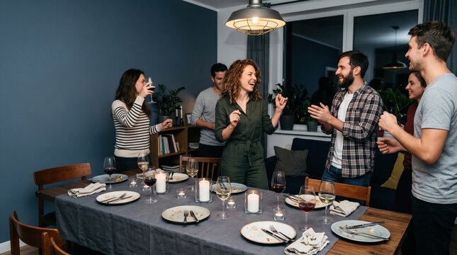 Friends dancing around dinner table during late evening social gathering