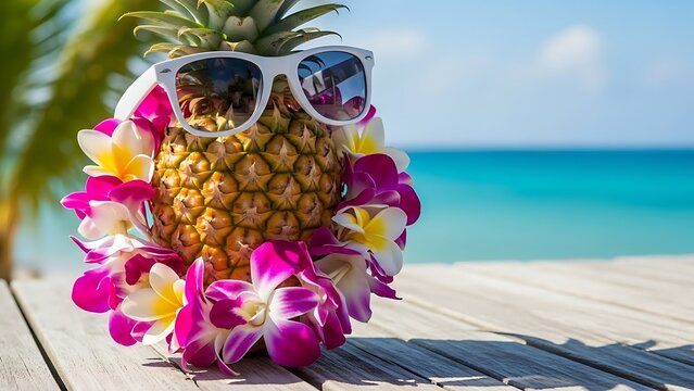Pineapple wearing sunglasses adorned with lei against a tropical beach backdrop during summer vacation
