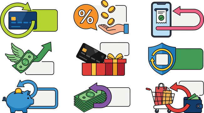 Cashback and Financial Bonus Vector Icon Set with Credit Cards Money Return Piggy Bank Discount ps