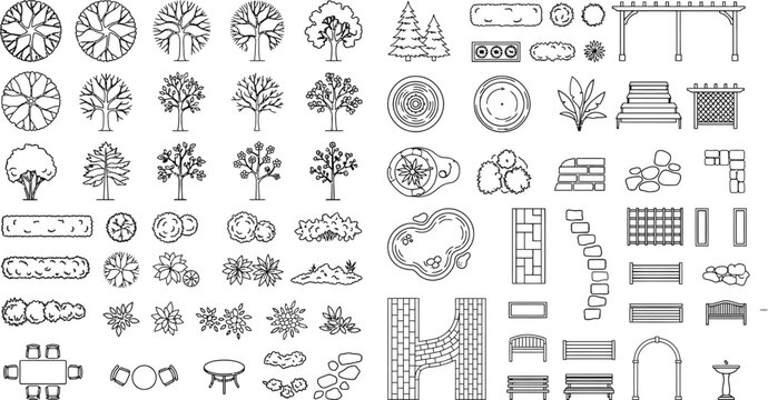 Landscape architecture cad block vector set, top view vegetation symbols with trees, shrubs, planting beds and site plan elements for masterplan and urban design
