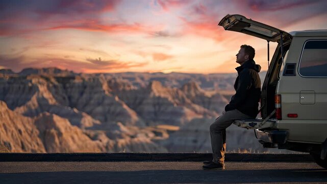 Man Sitting in Open Car Trunk Overlooking Wilderness at Sunset